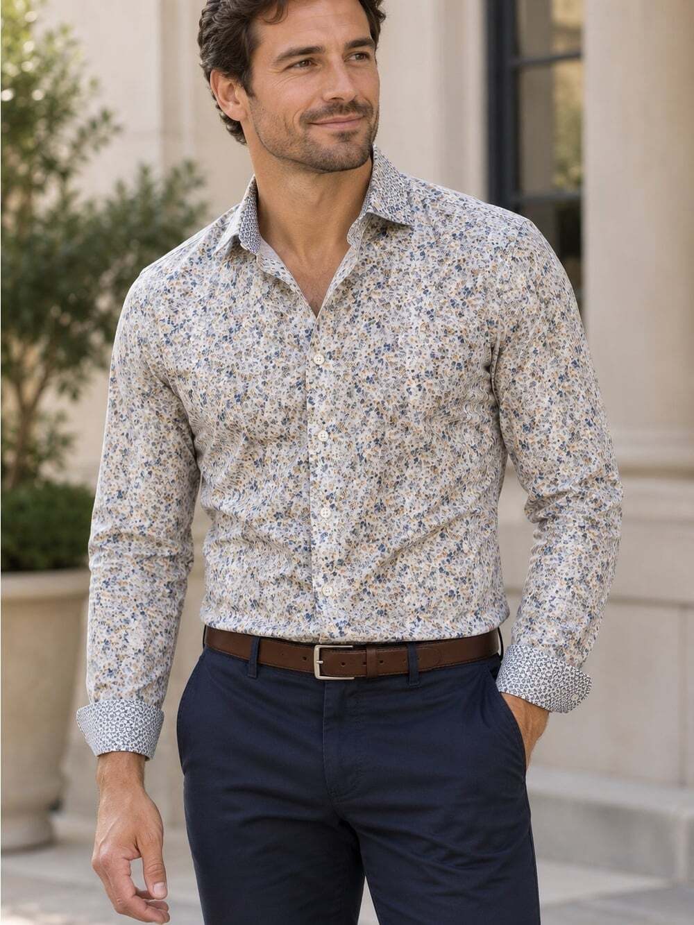 Grafton Dress Shirt L Slim Fit Floral Print Button Up Contrast Cuff Mens 16